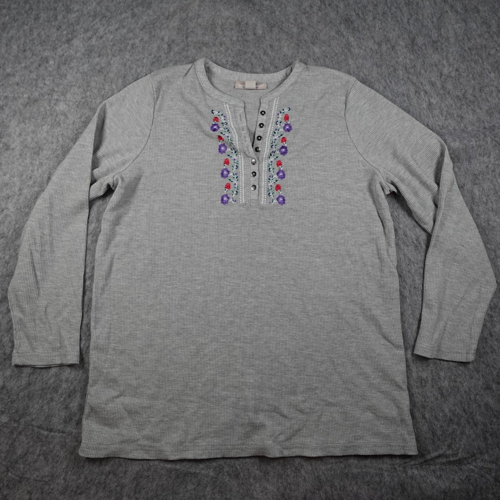 Woman Within Top Women 18/20 Gray Embroidered Floral Henley Waffle Knit Shirt